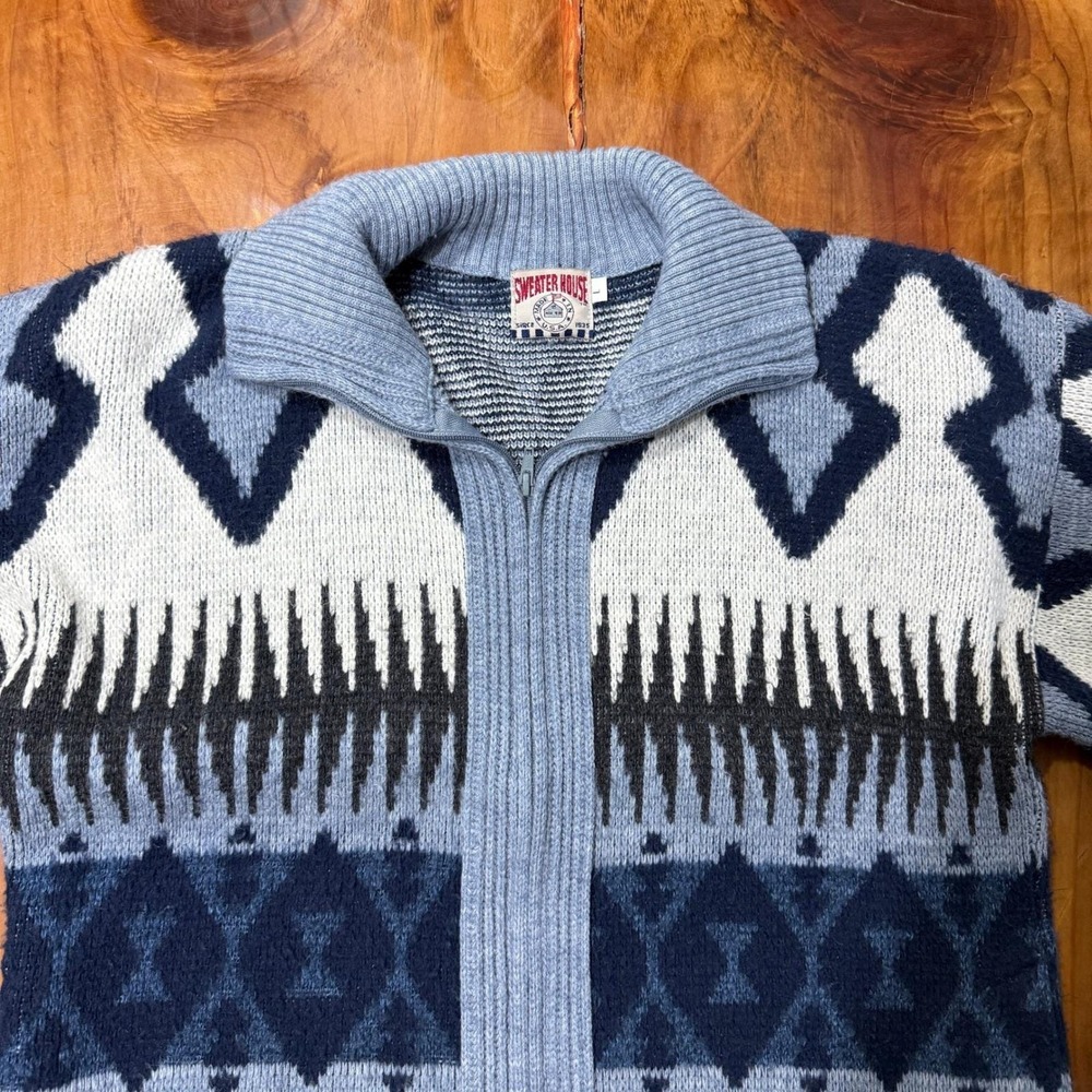 Vintage 70s Sweater House Mens Sweater L Acrylic Cardigan Zip Aztec Western M3-1 - Picture 3 of 6